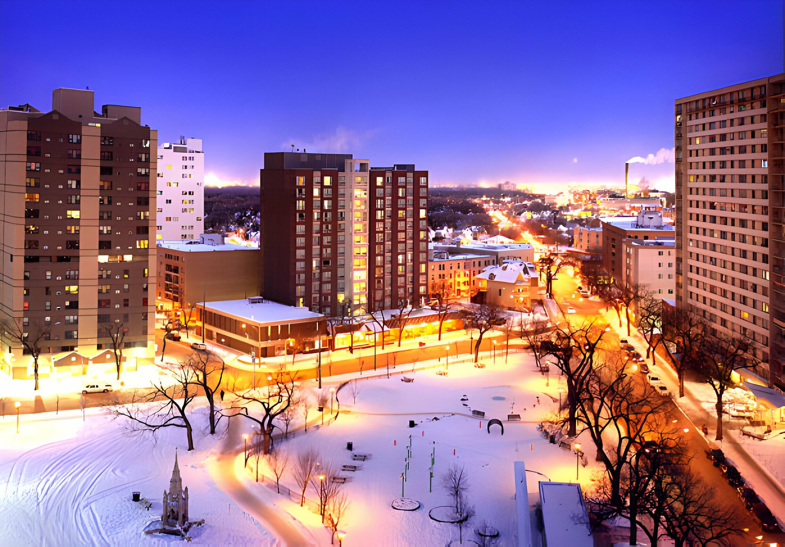 Twilight cityscape with snow-covered streets and illuminated buildings.