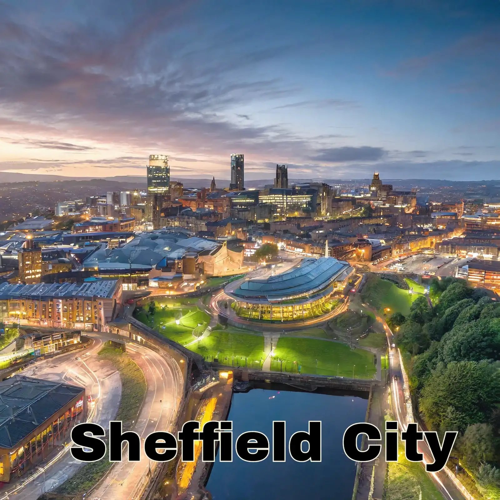 Twilight view of Sheffield City with illuminated buildings and winding roads.
