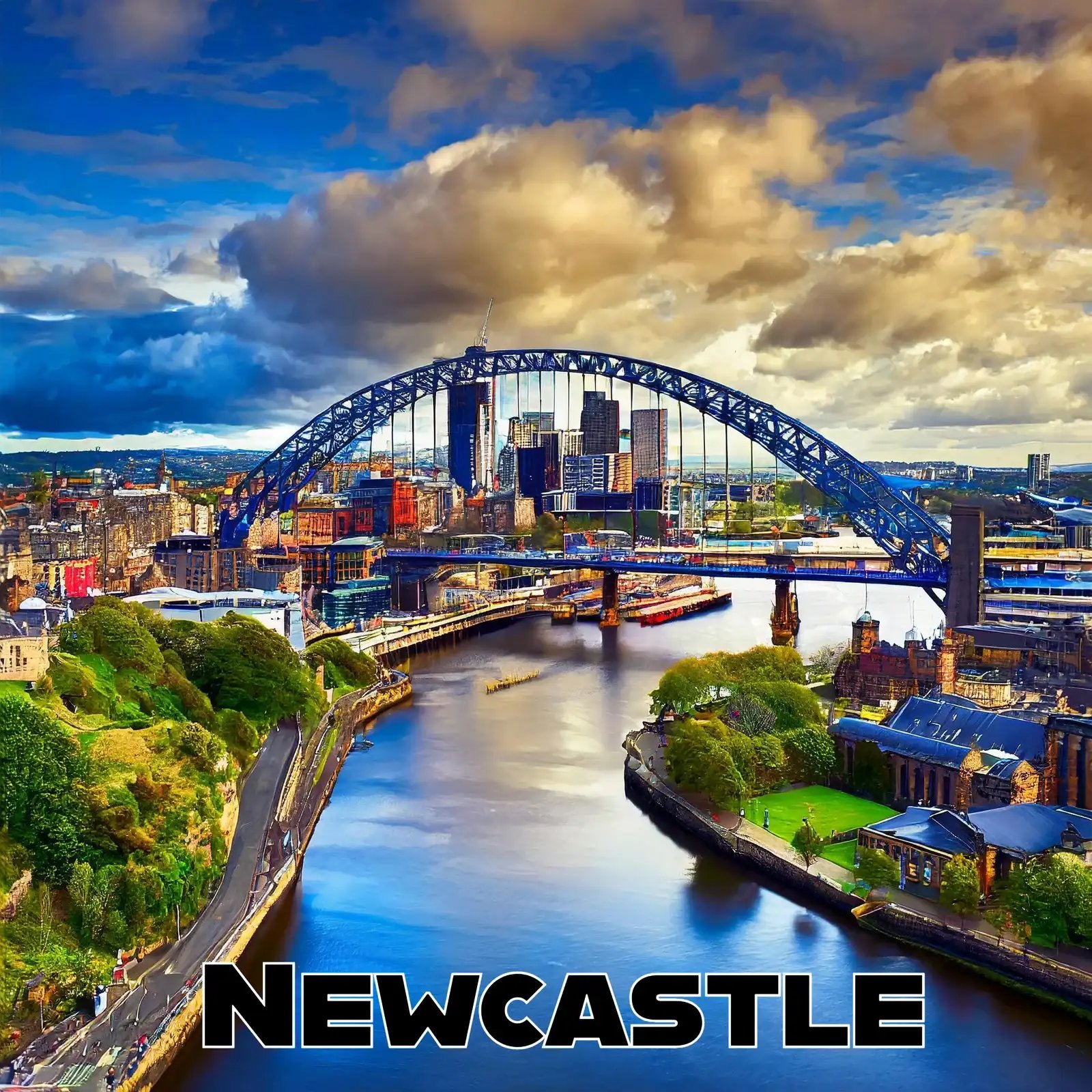 Aerial view of Newcastle with the Tyne Bridge over the river and cityscape, under a cloudy sky.