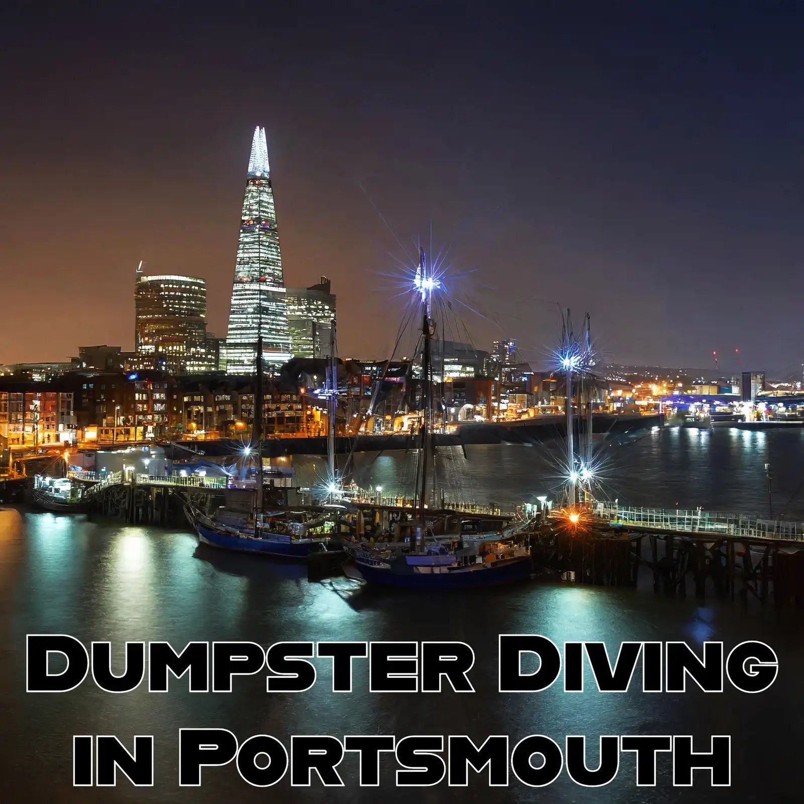 Nighttime city waterfront with lit buildings and docked sailboats, text "Dumpster Diving in Portsmouth."