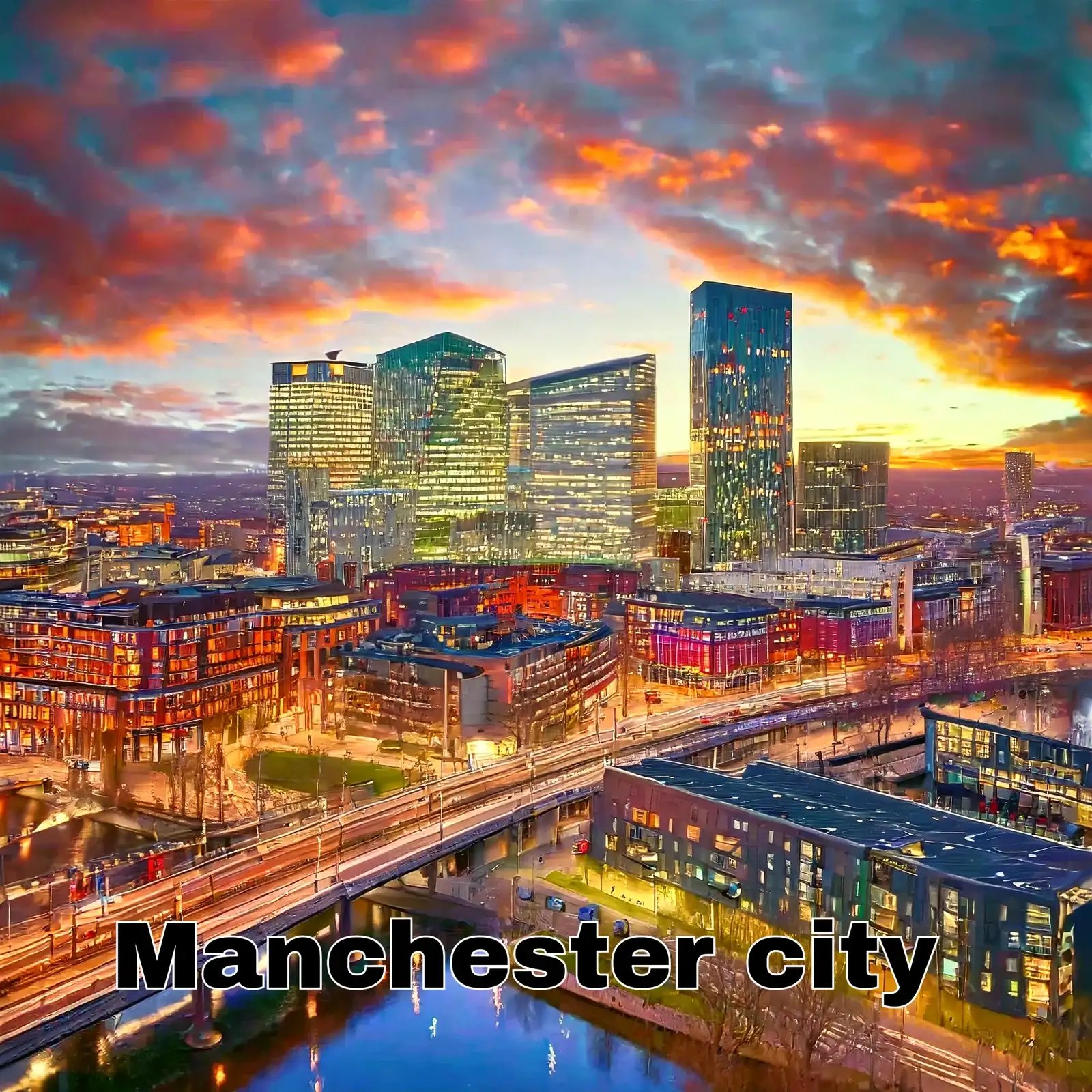 Sunset view of Manchester city skyline with illuminated buildings and dramatic clouds.