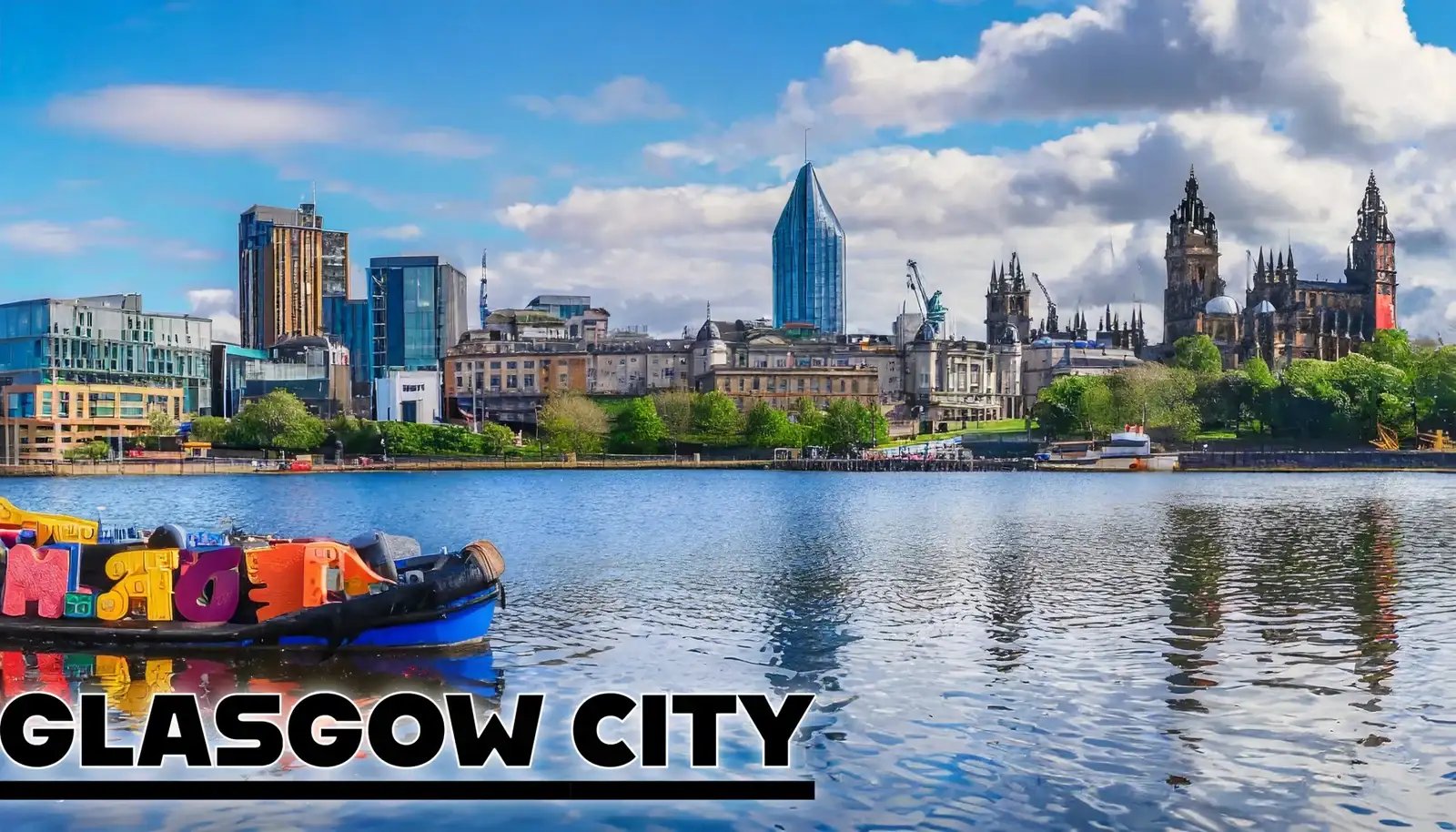 Scenic view of Glasgow cityscape with modern buildings, riverfront and a colorful barge.