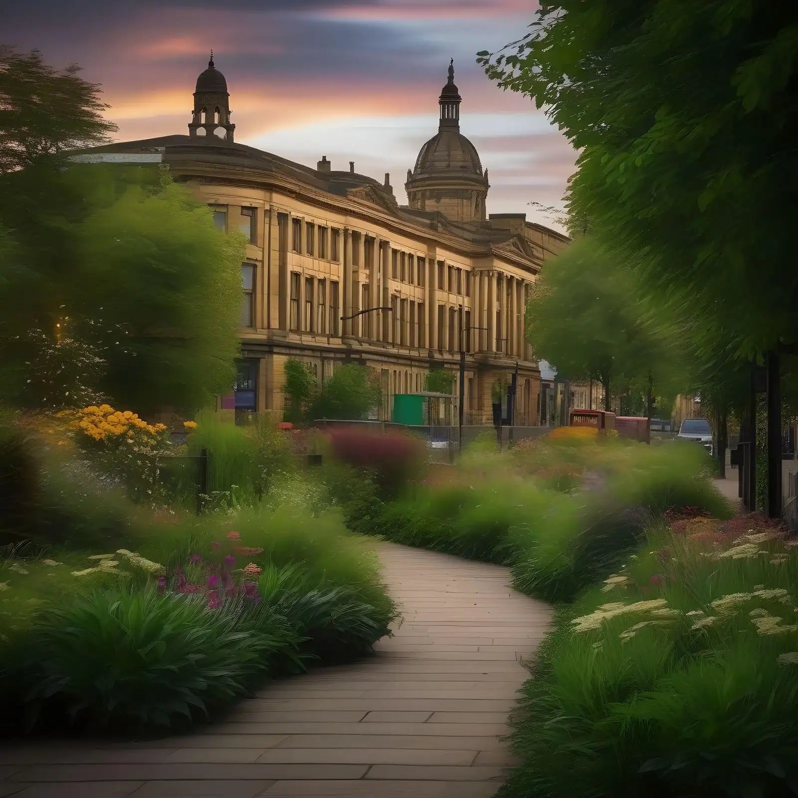 A serene path through a lush garden with historic buildings in the background at dusk.