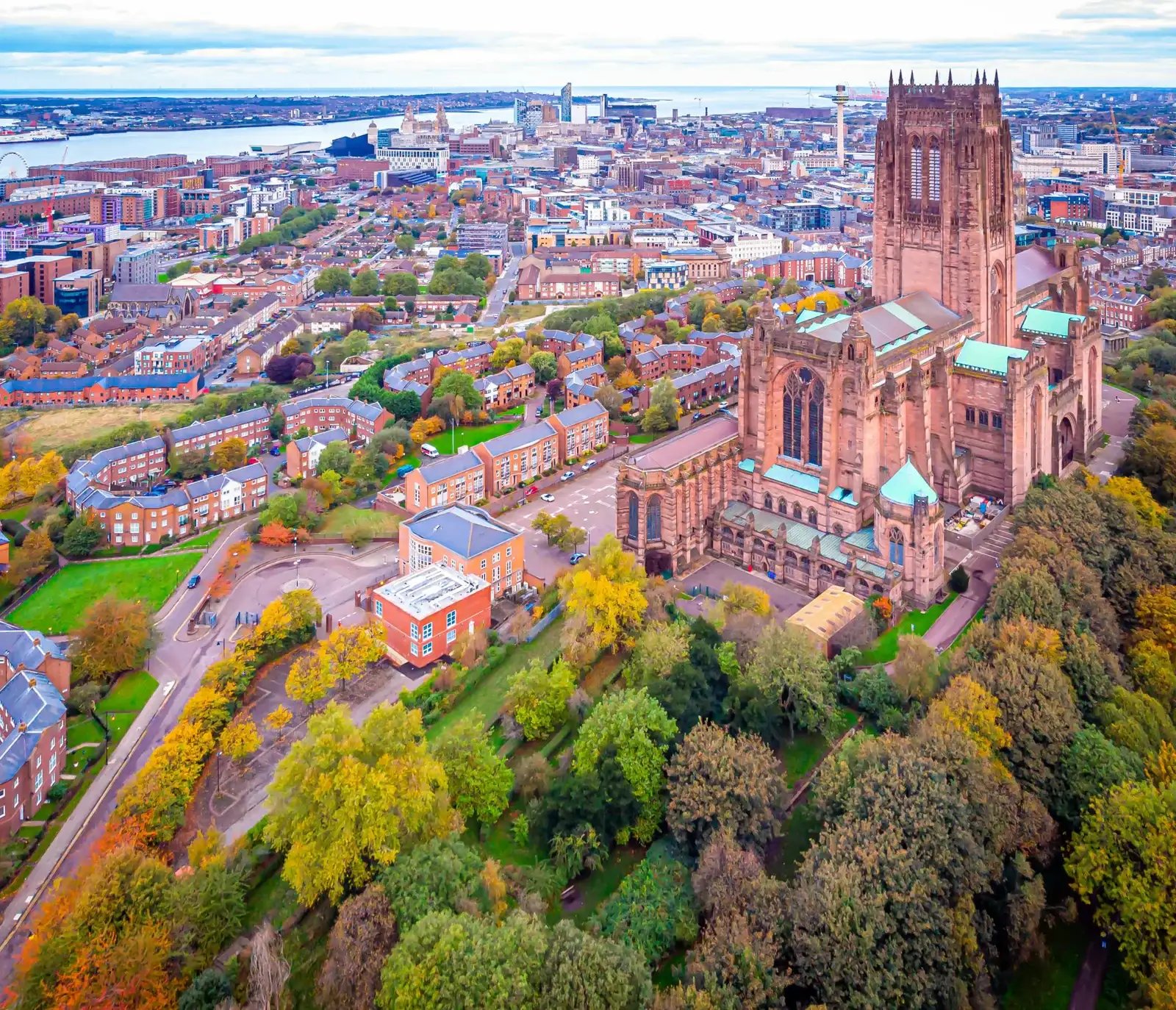 Aerial view of a historic cathedral surrounded by autumn trees in a cityscape.