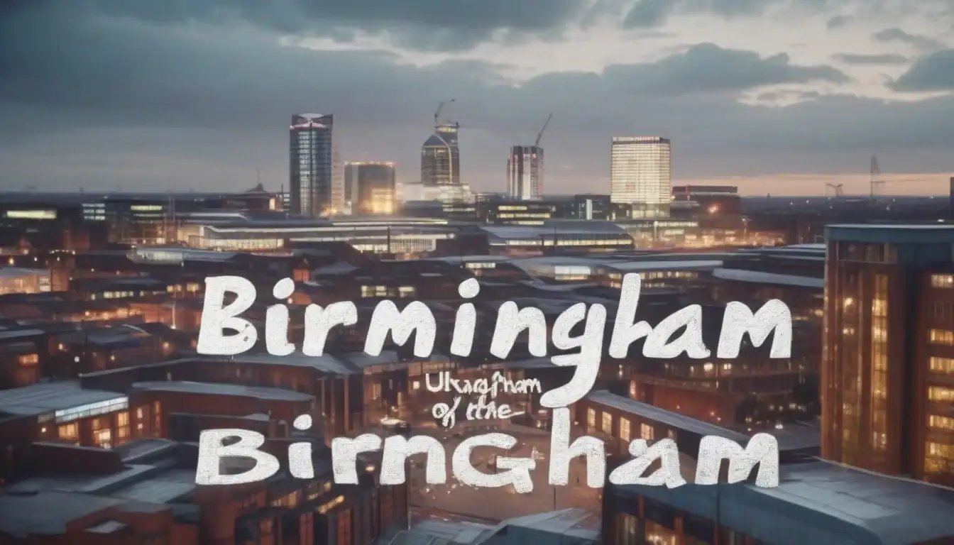 Twilight skyline of Birmingham with illuminated buildings and "Birmingham UK" text overlay.