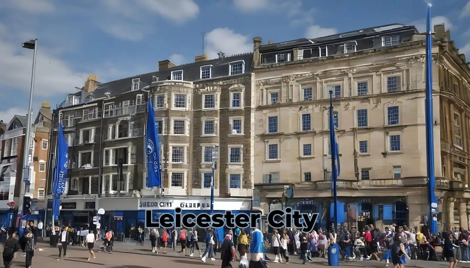 Crowd of fans outside the Leicester City football club store on a sunny day.