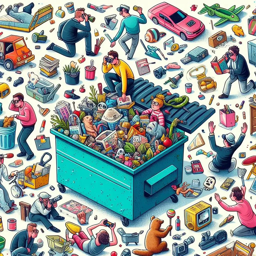 A vibrant illustration of people surrounded by a plethora of objects and a large dumpster filled with goods.