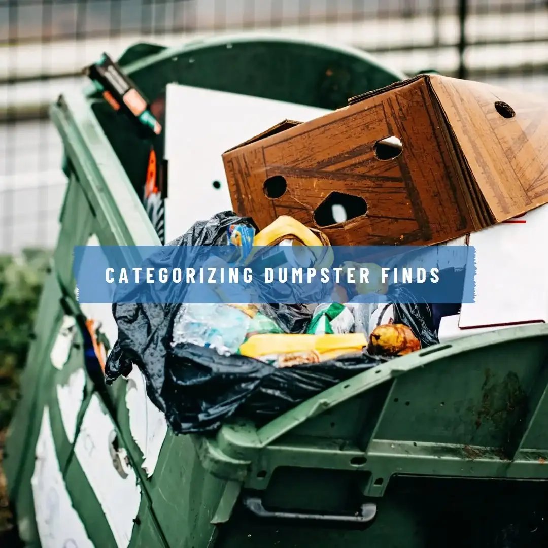 Overfilled dumpster with various discarded items and text overlay "Categorizing Dumpster Finds".
