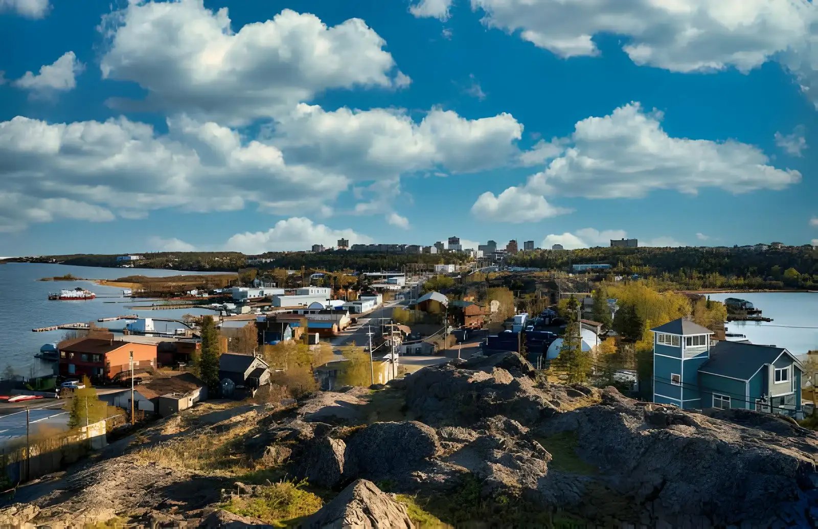 A scenic coastal town with colorful houses, water views, and distant city skyline under a cloudy blue sky.